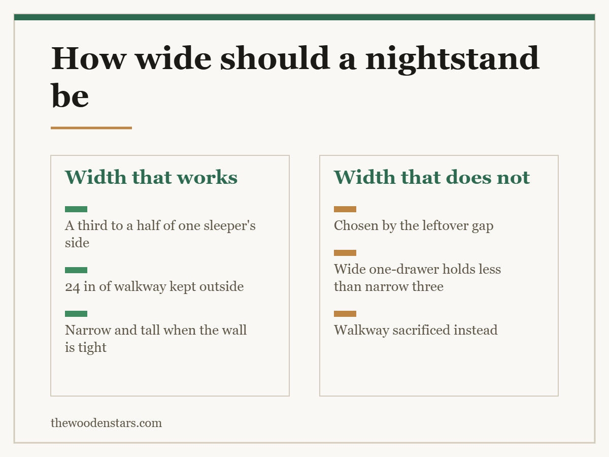 Comparison card for how wide should a nightstand be: Width that works — A third to a half of one sleeper's side; 24 in of walkway kept outside; Narrow and tall when the wall is tight. Width that does not — Chosen by the leftover gap; Wide one-drawer holds less than narrow three; Walkway sacrificed instead.