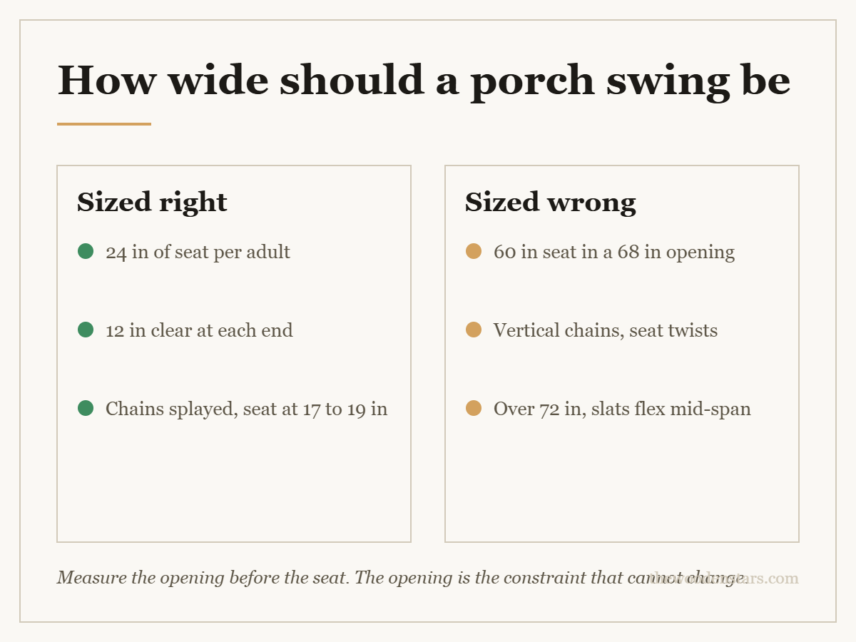 Comparison card for how wide should a porch swing be: Sized right — 24 in of seat per adult; 12 in clear at each end; Chains splayed, seat at 17 to 19 in. Sized wrong — 60 in seat in a 68 in opening; Vertical chains, seat twists; Over 72 in, slats flex mid-span.