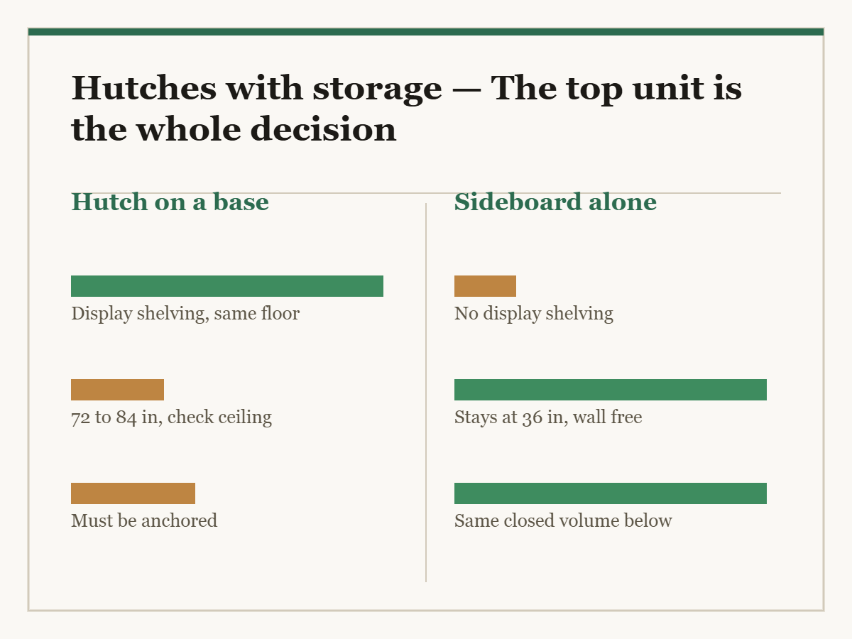 Hutches with storage: a two-column diagram in the site style. The left column is Hutch on a base and the right column is Sideboard alone, with a bar for each point showing how the two compare.
