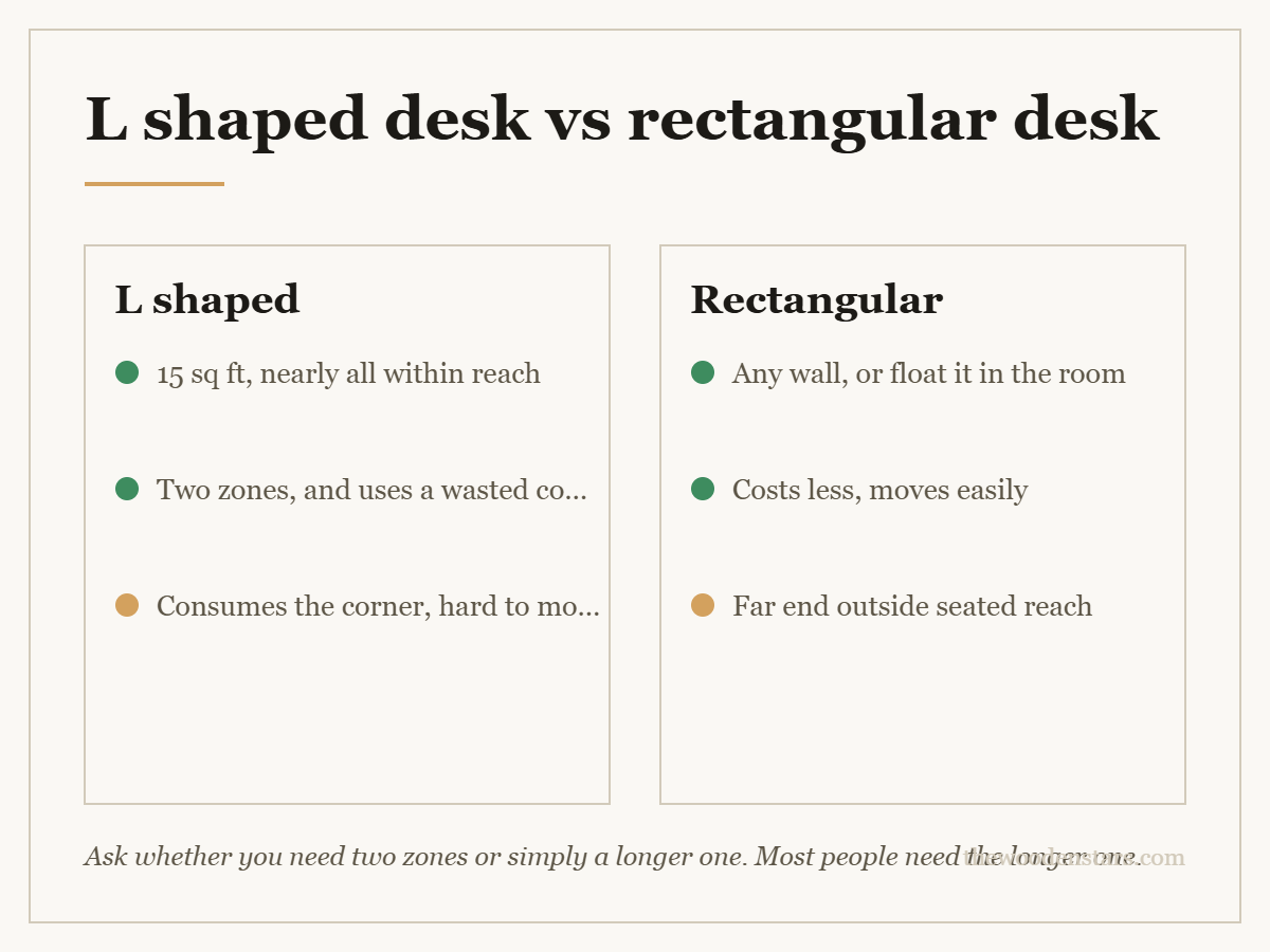 Comparison card for l shaped desk vs rectangular desk: L shaped — 15 sq ft, nearly all within reach; Two zones, and uses a wasted corner; Consumes the corner, hard to move. Rectangular — Any wall, or float it in the room; Costs less, moves easily; Far end outside seated reach.
