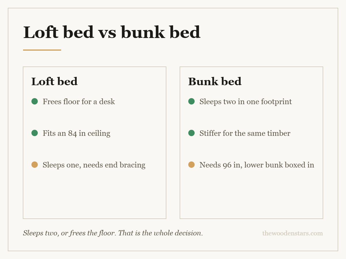 Comparison card for loft bed vs bunk bed: Loft bed — Frees floor for a desk; Fits an 84 in ceiling; Sleeps one, needs end bracing. Bunk bed — Sleeps two in one footprint; Stiffer for the same timber; Needs 96 in, lower bunk boxed in.