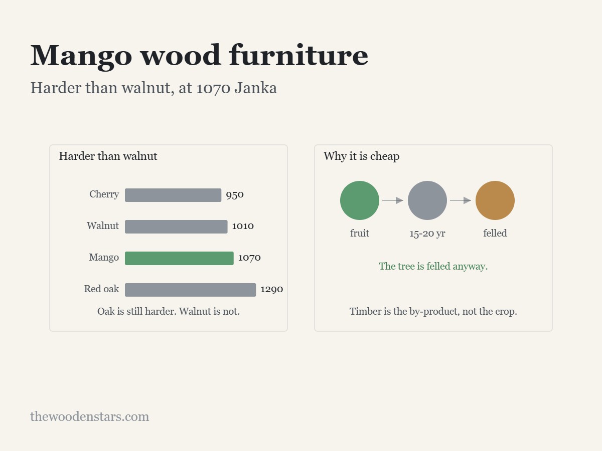 Mango wood furniture: Harder than walnut, at 1070 Janka. Diagram from the article.