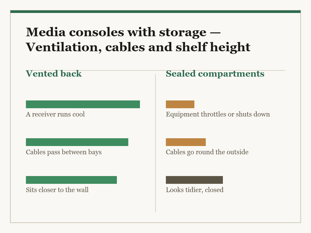Media consoles with storage: a two-column diagram in the site style. The left column is Vented back and the right column is Sealed compartments, with a bar for each point showing how the two compare.