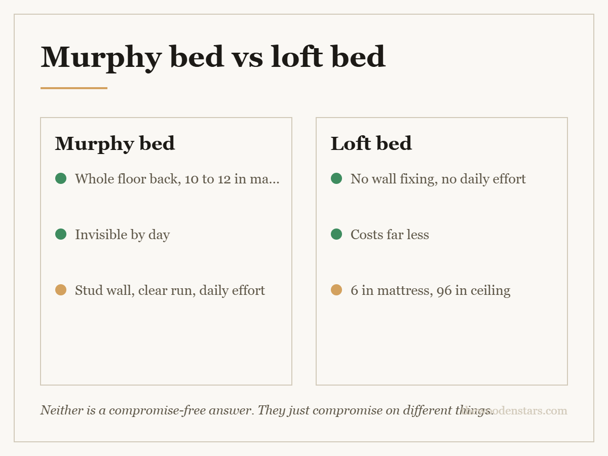 Comparison card for murphy bed vs loft bed: Murphy bed — Whole floor back, 10 to 12 in mattress; Invisible by day; Stud wall, clear run, daily effort. Loft bed — No wall fixing, no daily effort; Costs far less; 6 in mattress, 96 in ceiling.