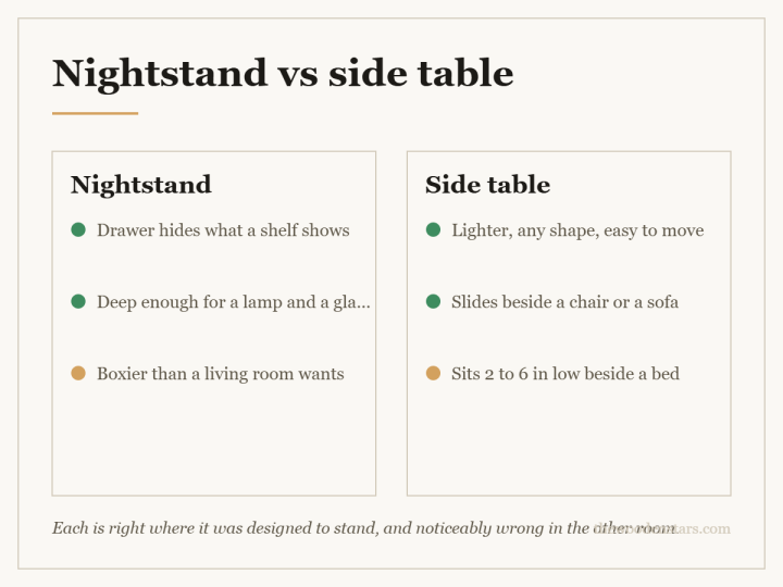 Comparison card for nightstand vs side table: Nightstand — Drawer hides what a shelf shows; Deep enough for a lamp and a glass; Boxier than a living room wants. Side table — Lighter, any shape, easy to move; Slides beside a chair or a sofa; Sits 2 to 6 in low beside a bed.