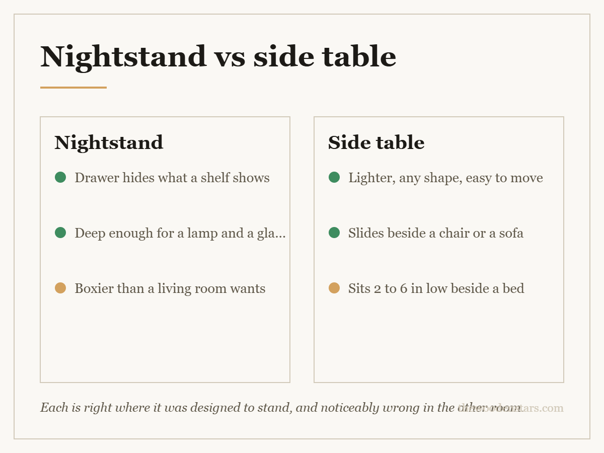Comparison card for nightstand vs side table: Nightstand — Drawer hides what a shelf shows; Deep enough for a lamp and a glass; Boxier than a living room wants. Side table — Lighter, any shape, easy to move; Slides beside a chair or a sofa; Sits 2 to 6 in low beside a bed.