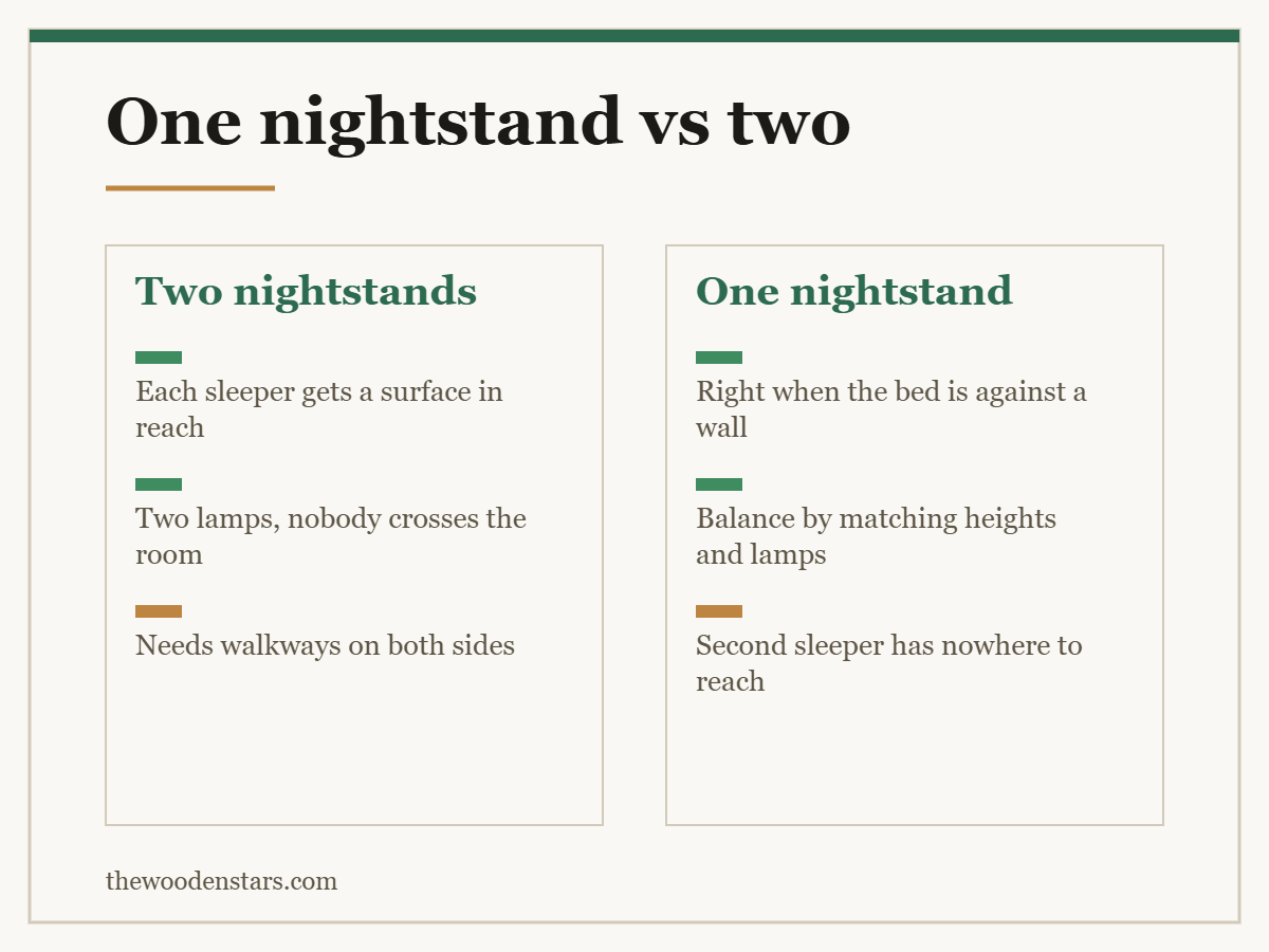 Comparison card for one nightstand vs two: Two nightstands — Each sleeper gets a surface in reach; Two lamps, nobody crosses the room; Needs walkways on both sides. One nightstand — Right when the bed is against a wall; Balance by matching heights and lamps; Second sleeper has nowhere to reach.