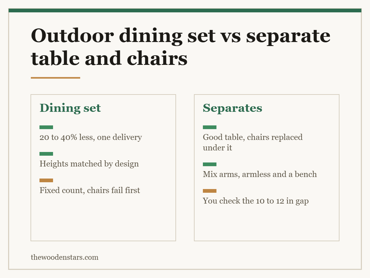 Comparison card for outdoor dining set vs separate table and chairs: Dining set — 20 to 40% less, one delivery; Heights matched by design; Fixed count, chairs fail first. Separates — Good table, chairs replaced under it; Mix arms, armless and a bench; You check the 10 to 12 in gap.