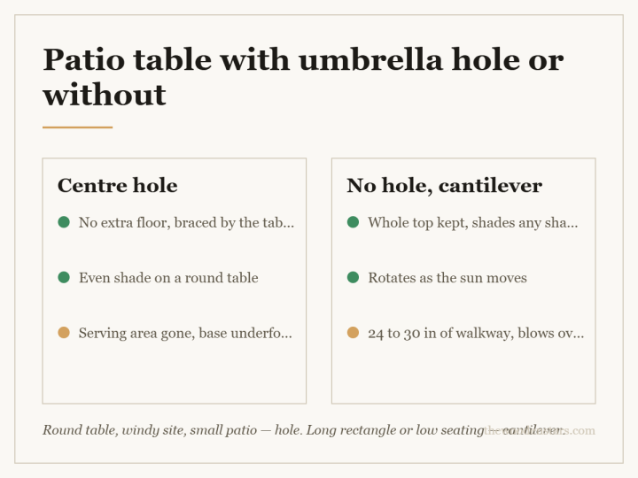 Comparison card for patio table with umbrella hole or without: Centre hole — No extra floor, braced by the table; Even shade on a round table; Serving area gone, base underfoot. No hole, cantilever — Whole top kept, shades any shape; Rotates as the sun moves; 24 to 30 in of walkway, blows over.