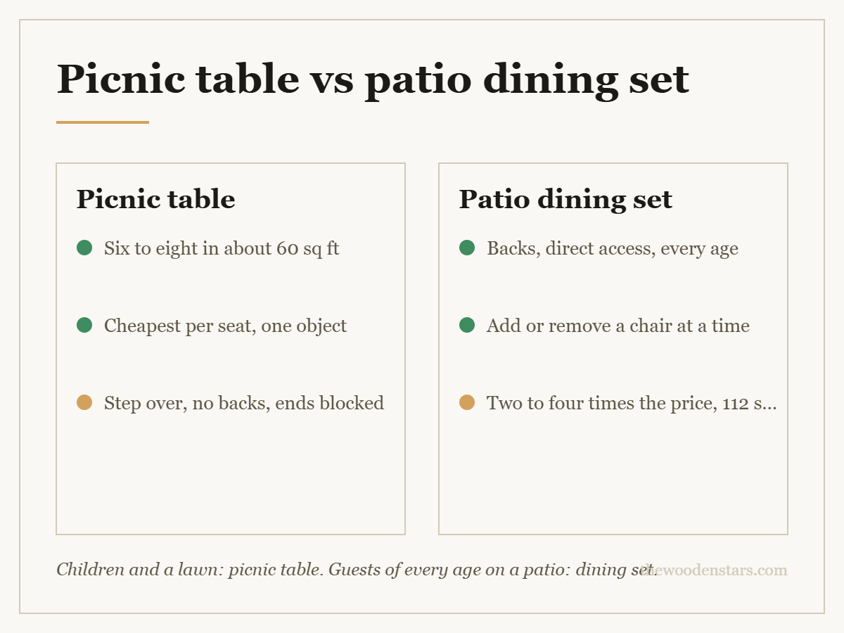 Comparison card for picnic table vs patio dining set: Picnic table — Six to eight in about 60 sq ft; Cheapest per seat, one object; Step over, no backs, ends blocked. Patio dining set — Backs, direct access, every age; Add or remove a chair at a time; Two to four times the price, 112 sq ft.