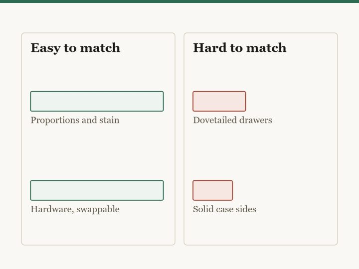 Diagram separating what is easy to reproduce in a cheaper dresser from what is not. Proportions, stain and hardware are all easy, and hardware can be swapped later. Dovetailed solid drawer boxes and solid case sides are what the price actually buys.