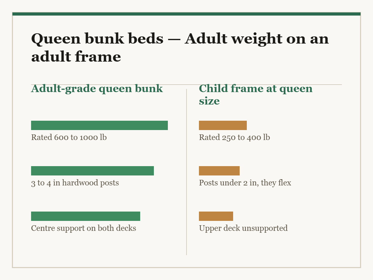 Queen bunk beds: a two-column diagram in the site style. The left column is Adult-grade queen bunk and the right column is Child frame at queen size, with a bar for each point showing how the two compare.