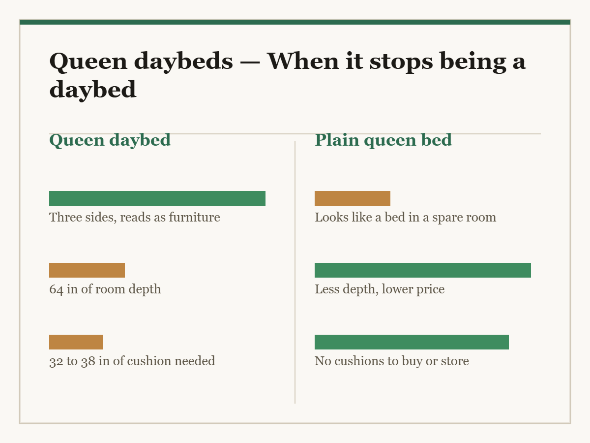 Queen daybeds: a two-column diagram in the site style. The left column is Queen daybed and the right column is Plain queen bed, with a bar for each point showing how the two compare.