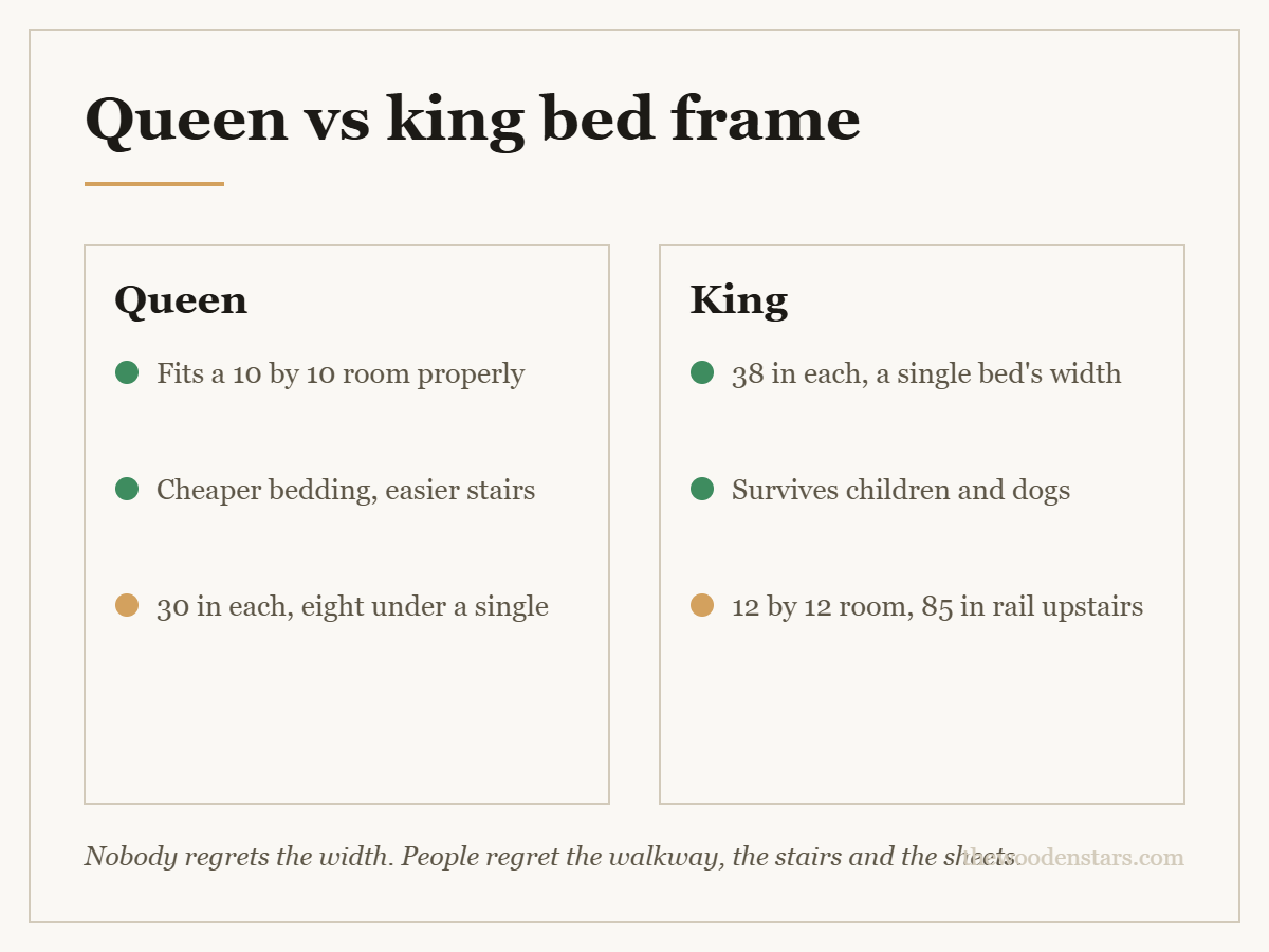 Comparison card for queen vs king bed frame: Queen — Fits a 10 by 10 room properly; Cheaper bedding, easier stairs; 30 in each, eight under a single. King — 38 in each, a single bed's width; Survives children and dogs; 12 by 12 room, 85 in rail upstairs.