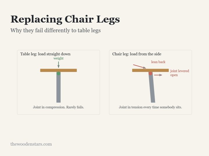 Replacing Chair Legs: Why they fail differently to table legs. Diagram from the article.