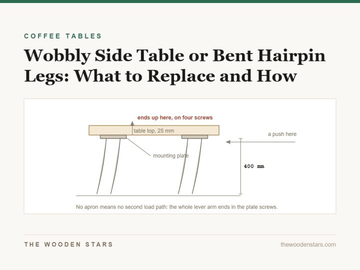 A hairpin-legged table showing a sideways push at leg height levering on the mounting plate screws
