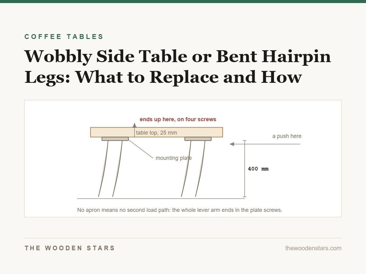 A hairpin-legged table showing a sideways push at leg height levering on the mounting plate screws