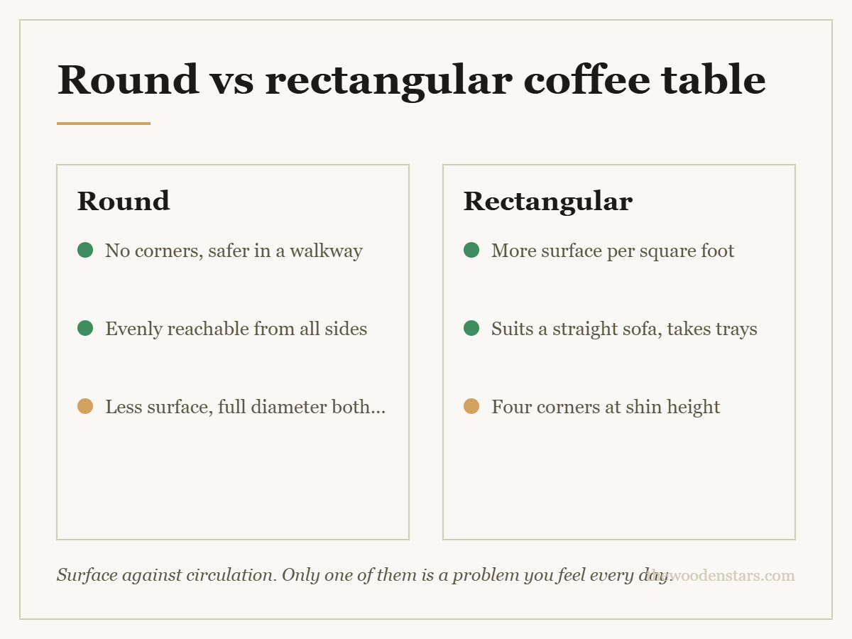 Comparison card for round vs rectangular coffee table: Round — No corners, safer in a walkway; Evenly reachable from all sides; Less surface, full diameter both ways. Rectangular — More surface per square foot; Suits a straight sofa, takes trays; Four corners at shin height.
