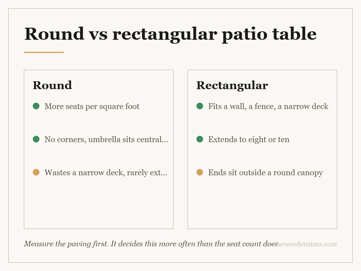 Comparison card for round vs rectangular patio table: Round — More seats per square foot; No corners, umbrella sits centrally; Wastes a narrow deck, rarely extends. Rectangular — Fits a wall, a fence, a narrow deck; Extends to eight or ten; Ends sit outside a round canopy.