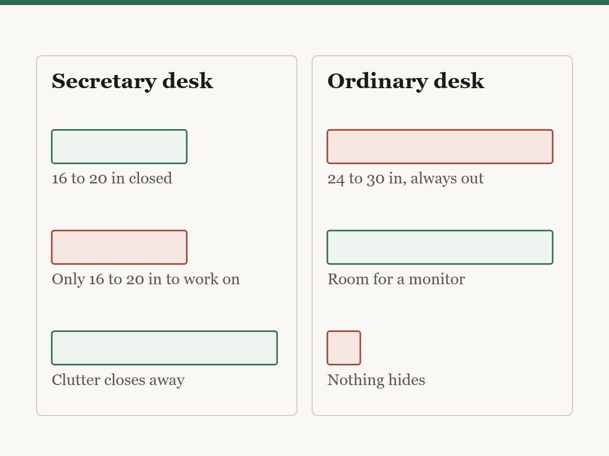 Diagram comparing a secretary desk with an ordinary desk. The secretary closes to about 16 to 20 inches deep and hides what is on it, but gives only 16 to 20 inches of working depth when open. An ordinary desk gives 24 to 30 inches of depth but is always out.