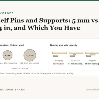 The two shelf pin diameters drawn at six times scale, and three support types compared by bearing area