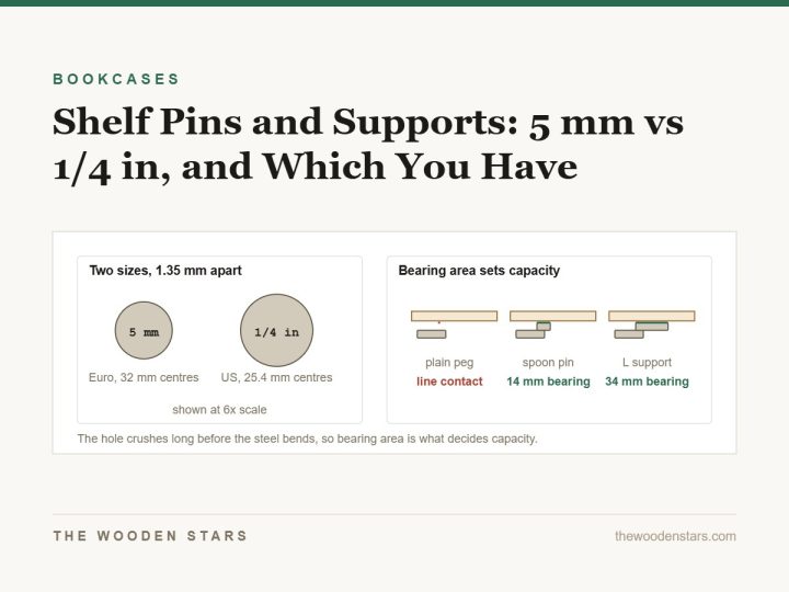 The two shelf pin diameters drawn at six times scale, and three support types compared by bearing area