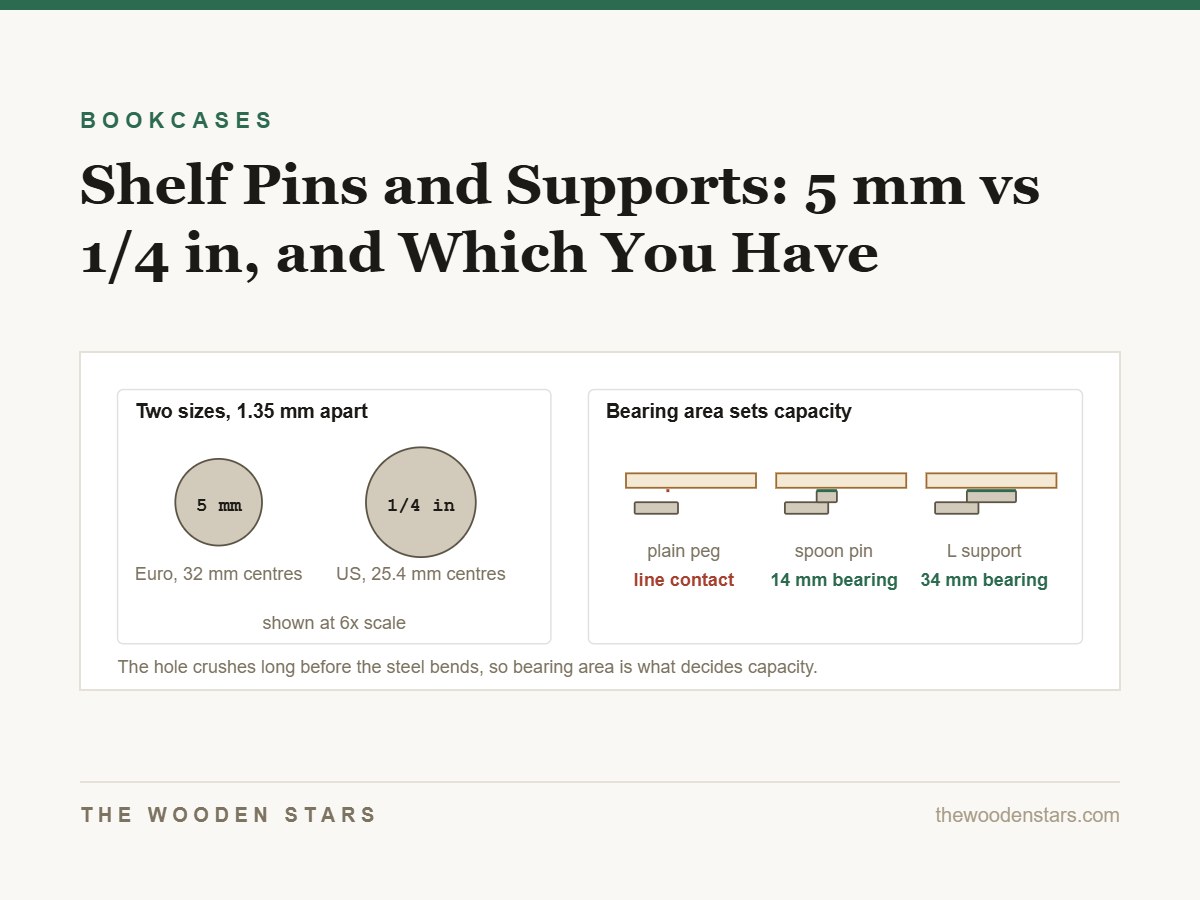 The two shelf pin diameters drawn at six times scale, and three support types compared by bearing area