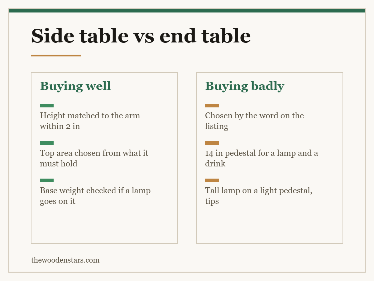 Comparison card for side table vs end table: Buying well — Height matched to the arm within 2 in; Top area chosen from what it must hold; Base weight checked if a lamp goes on it. Buying badly — Chosen by the word on the listing; 14 in pedestal for a lamp and a drink; Tall lamp on a light pedestal, tips.