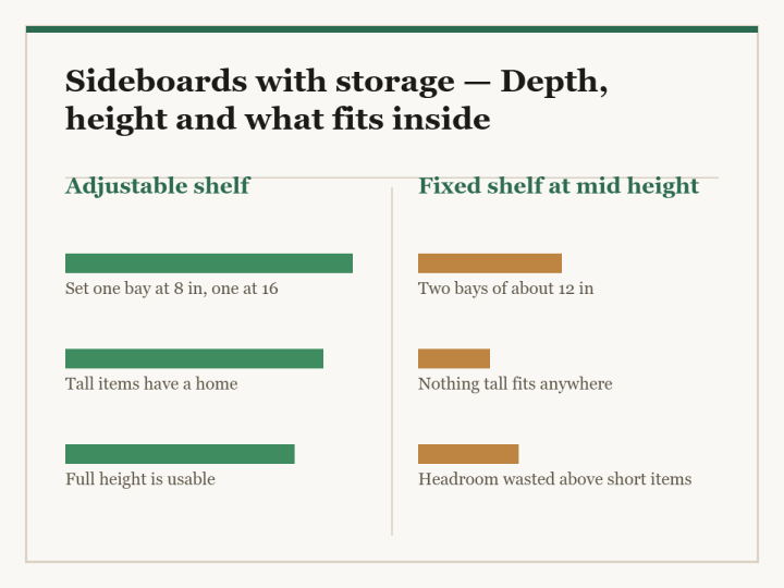Sideboards with storage: a two-column diagram in the site style. The left column is Adjustable shelf and the right column is Fixed shelf at mid height, with a bar for each point showing how the two compare.