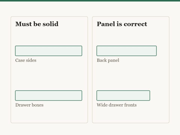 Diagram showing where solid timber matters in a dresser and where it does not. The case sides and drawer boxes carry the load and should be solid or plywood. The back panel and wide drawer fronts are better in engineered panel, which stays flat.
