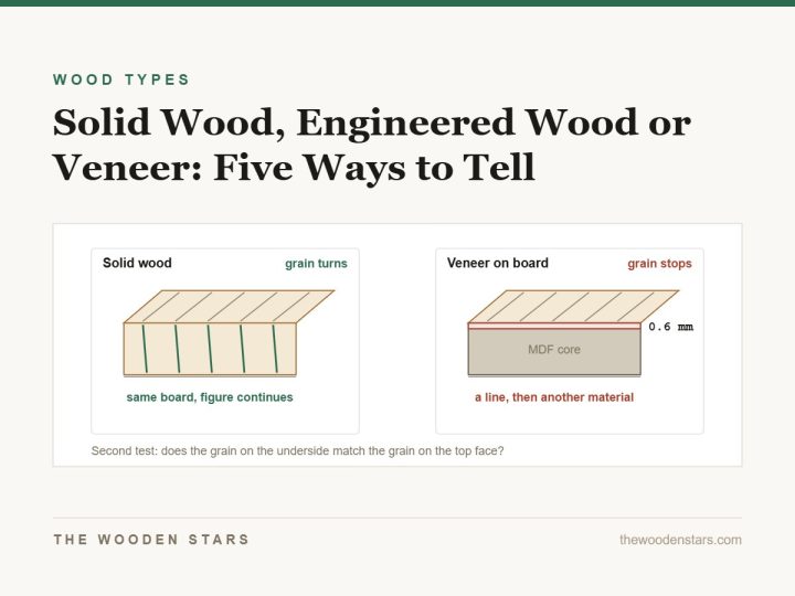 The edge of a solid wood top where the grain continues, beside a veneered panel where it stops at a glue line