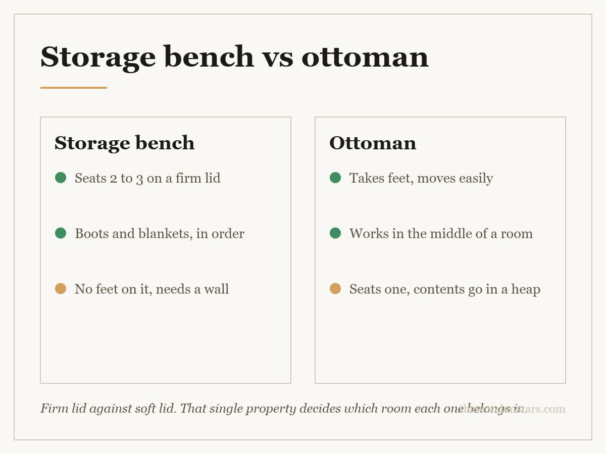 Comparison card for storage bench vs ottoman: Storage bench — Seats 2 to 3 on a firm lid; Boots and blankets, in order; No feet on it, needs a wall. Ottoman — Takes feet, moves easily; Works in the middle of a room; Seats one, contents go in a heap.