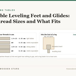 The four levelling-foot thread sizes drawn to scale, and an insert fitted into a leg