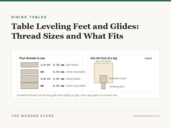 The four levelling-foot thread sizes drawn to scale, and an insert fitted into a leg