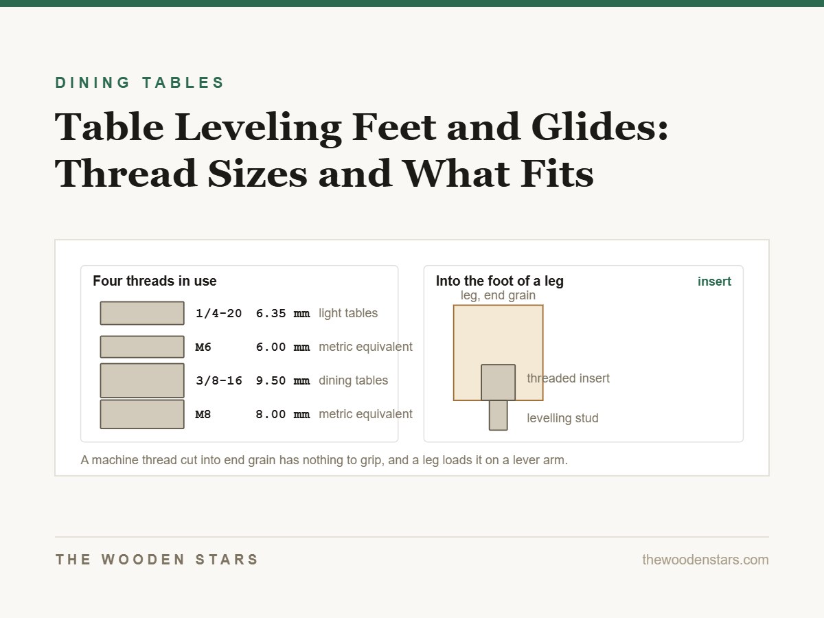 The four levelling-foot thread sizes drawn to scale, and an insert fitted into a leg