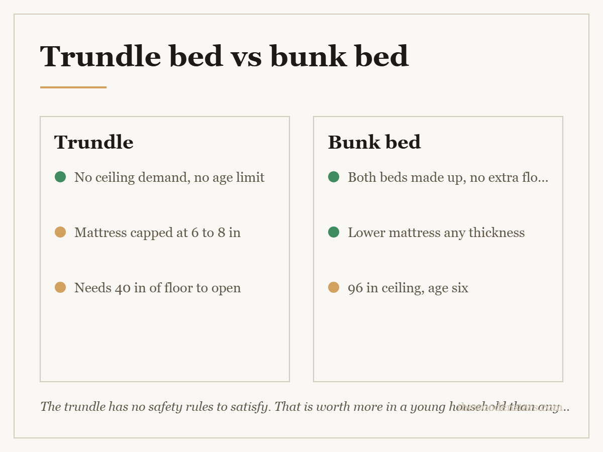 Comparison card for trundle bed vs bunk bed: Trundle — No ceiling demand, no age limit; Mattress capped at 6 to 8 in; Needs 40 in of floor to open. Bunk bed — Both beds made up, no extra floor; Lower mattress any thickness; 96 in ceiling, age six.