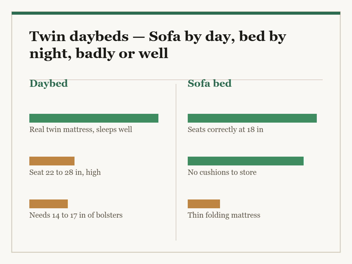 Twin daybeds: a two-column diagram in the site style. The left column is Daybed and the right column is Sofa bed, with a bar for each point showing how the two compare.