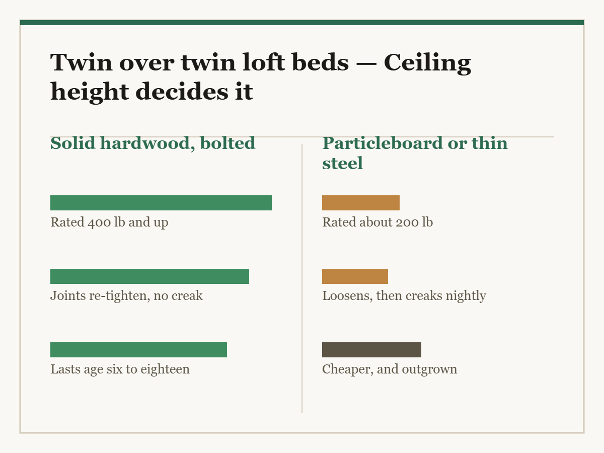 Twin over twin loft beds: a two-column diagram in the site style. The left column is Solid hardwood, bolted and the right column is Particleboard or thin steel, with a bar for each point showing how the two compare.
