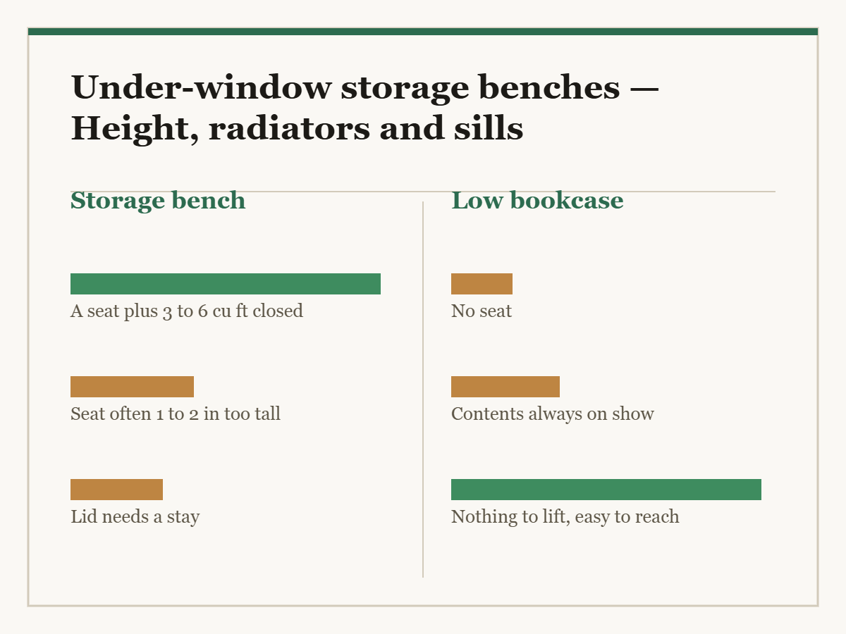 Under-window storage benches: a two-column diagram in the site style. The left column is Storage bench and the right column is Low bookcase, with a bar for each point showing how the two compare.