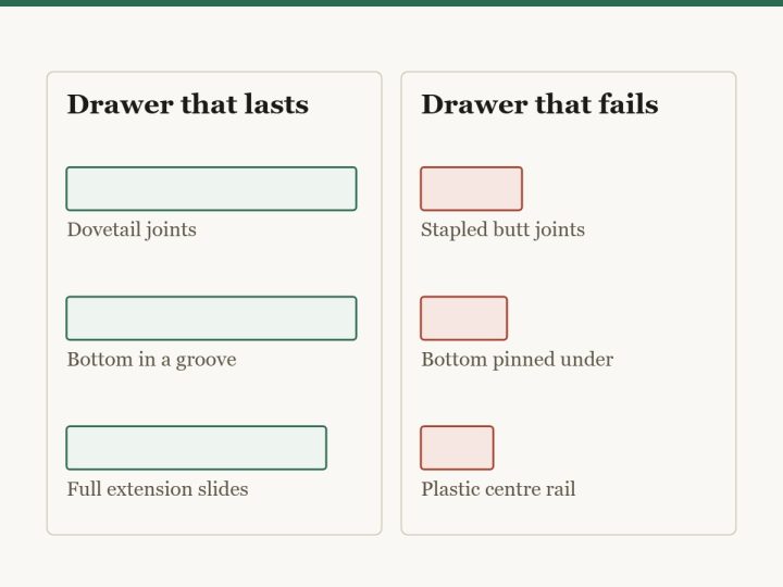 Diagram comparing a well built dresser drawer with a poorly built one. A good drawer has dovetail joints, a bottom captured in a groove and full extension steel slides. A poor one has stapled butt joints, a bottom pinned underneath and a plastic centre rail.