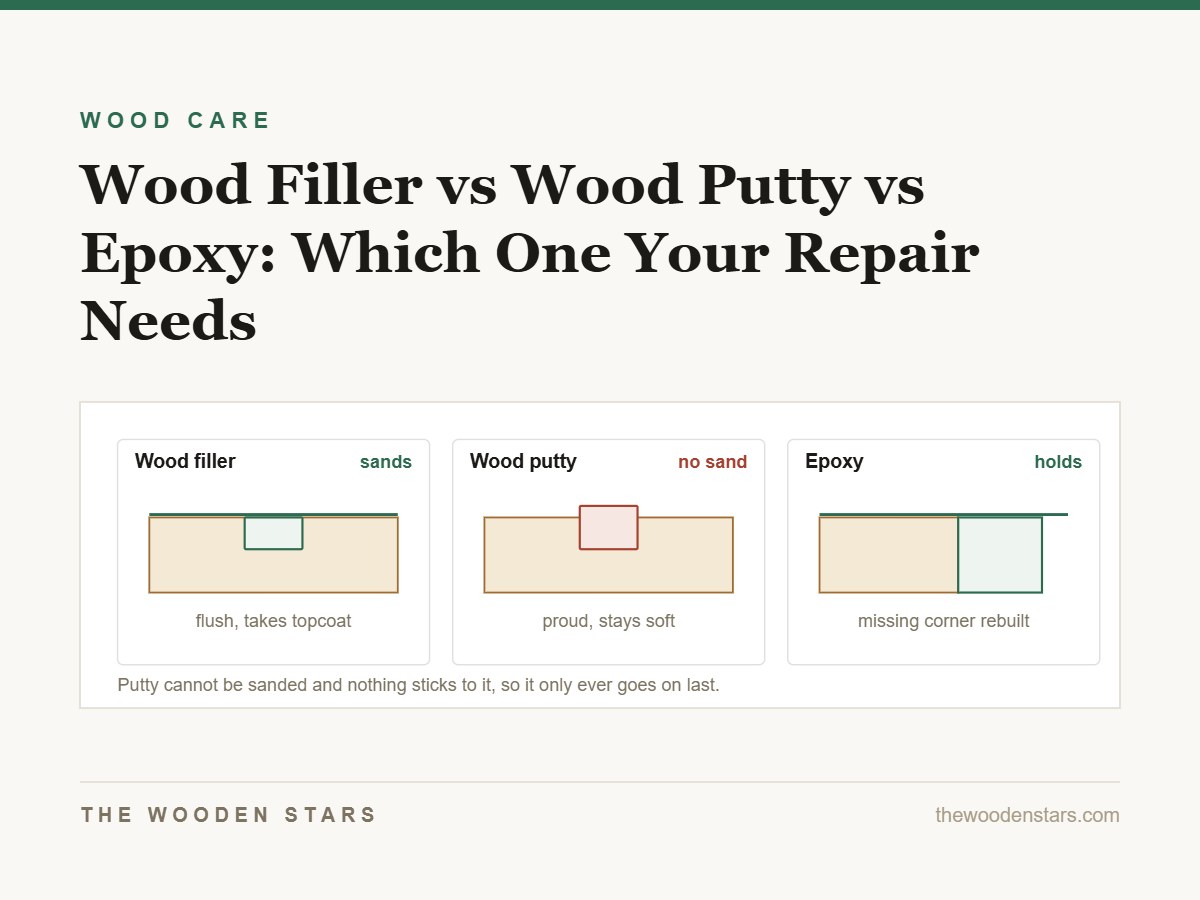 Three fills compared: filler sanded flush, putty standing proud, epoxy rebuilding an edge
