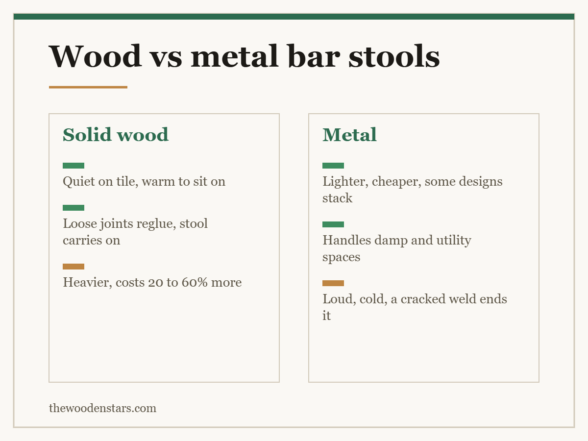 Comparison card for wood vs metal bar stools: Solid wood — Quiet on tile, warm to sit on; Loose joints reglue, stool carries on; Heavier, costs 20 to 60% more. Metal — Lighter, cheaper, some designs stack; Handles damp and utility spaces; Loud, cold, a cracked weld ends it.