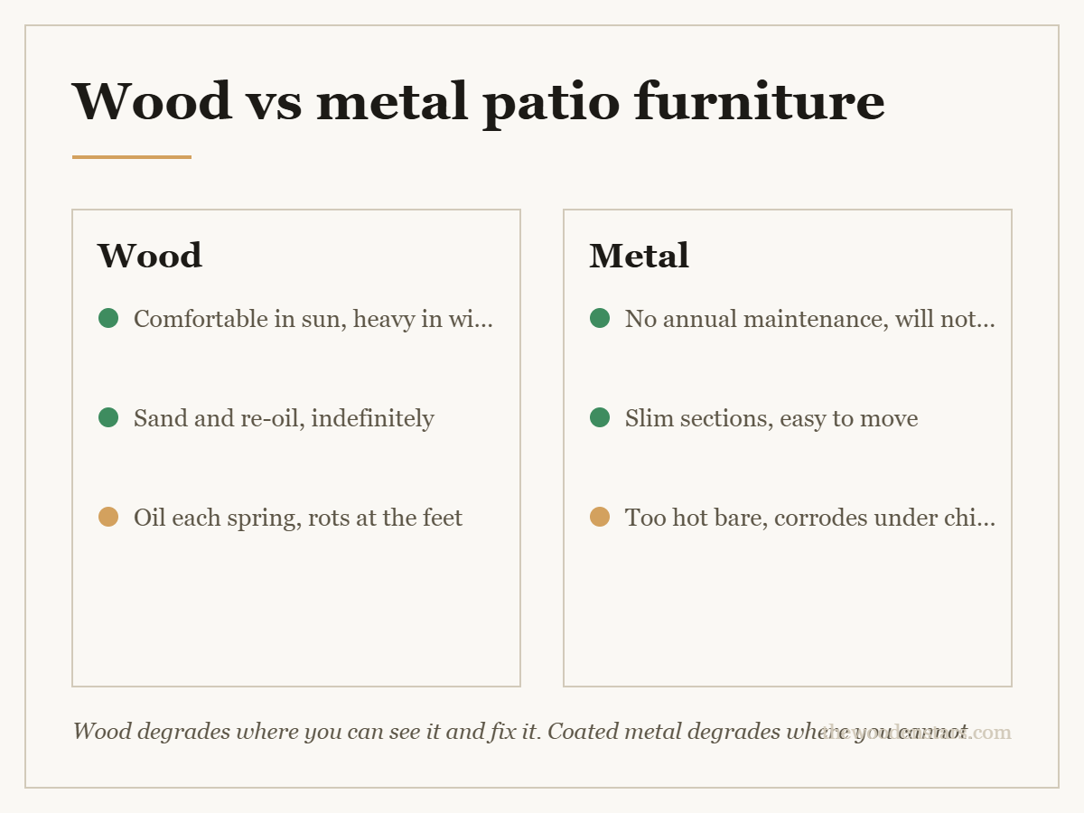 Comparison card for wood vs metal patio furniture: Wood — Comfortable in sun, heavy in wind; Sand and re-oil, indefinitely; Oil each spring, rots at the feet. Metal — No annual maintenance, will not rot; Slim sections, easy to move; Too hot bare, corrodes under chips.