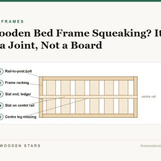Plan view of a bed frame with the five places a squeak comes from numbered