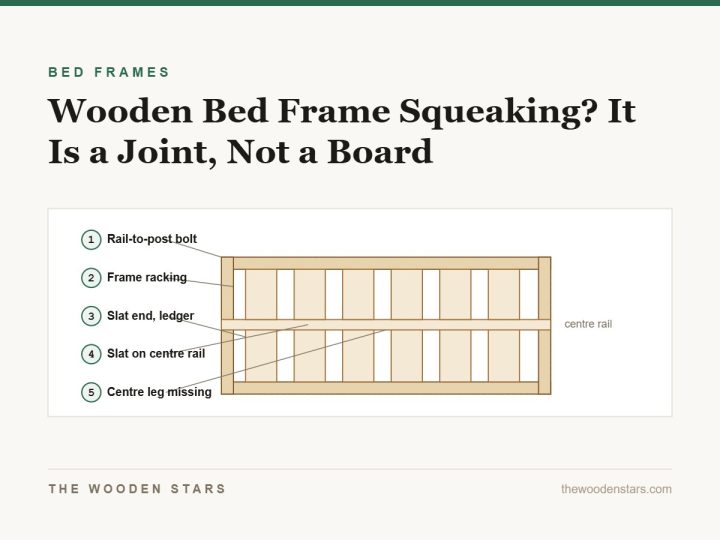 Plan view of a bed frame with the five places a squeak comes from numbered