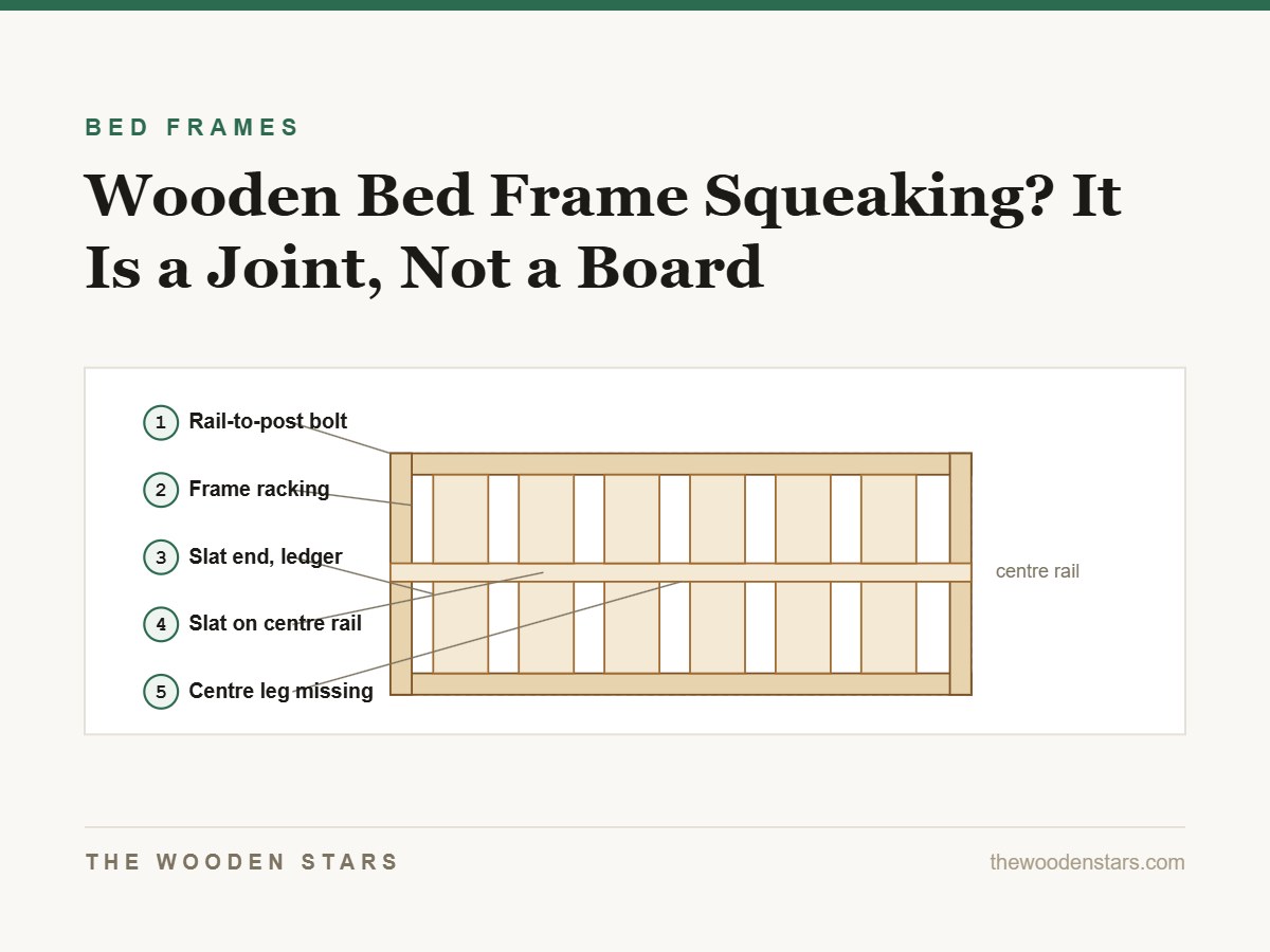 Plan view of a bed frame with the five places a squeak comes from numbered
