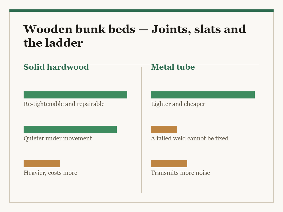 Wooden bunk beds: a two-column diagram in the site style. The left column is Solid hardwood and the right column is Metal tube, with a bar for each point showing how the two compare.