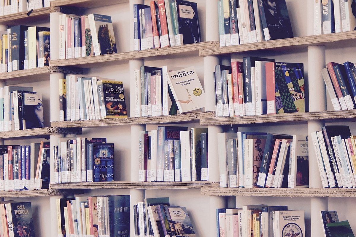 A wall of shelves filled with books from floor to ceiling.