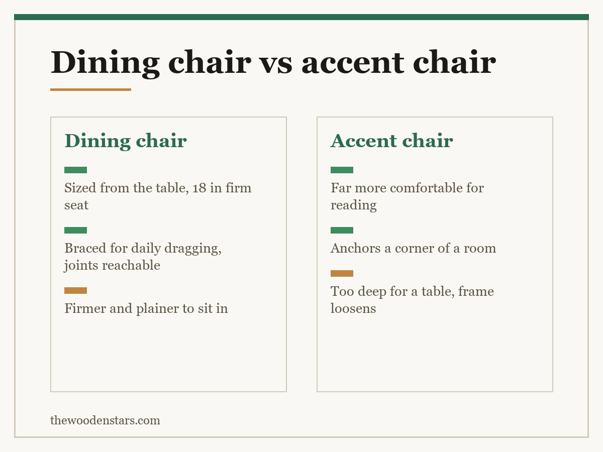 Comparison card for dining chair vs accent chair: Dining chair — Sized from the table, 18 in firm seat; Braced for daily dragging, joints reachable; Firmer and plainer to sit in. Accent chair — Far more comfortable for reading; Anchors a corner of a room; Too deep for a table, frame loosens.