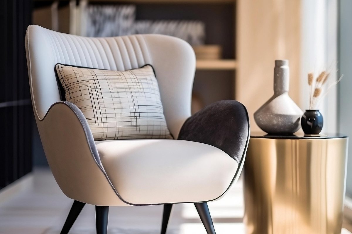 A cream upholstered accent chair with a cushion, beside a gold side table.
